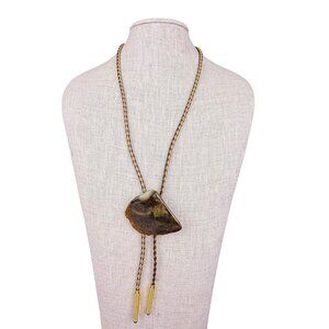 Handcrafted Vintage Braided Leather Stone Bolo Tie Brown Goldtone Agate Rock Pen